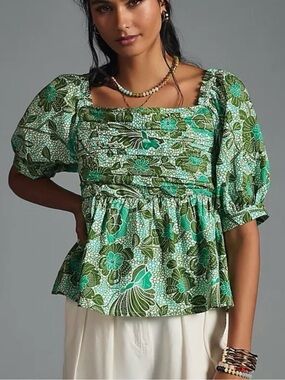 Anthropologie Nikasha Babydoll Poplin Blouse Puff Sleeve Boho Cottage Small